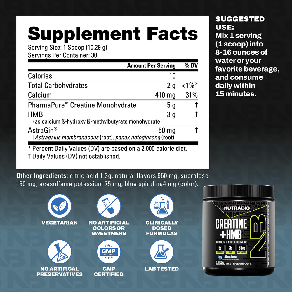 NutraBio Creatine + HMB powder in a shaker bottle for post-workout recovery.