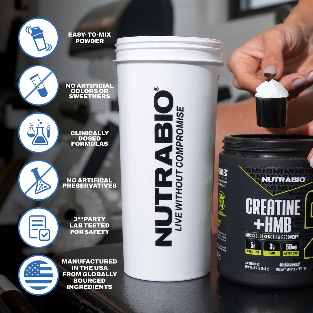NutraBio Creatine + HMB action shot with weights illustrating strength benefits.