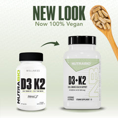 NutraBio D3 K2 capsules highlight non-GMO, gluten-free, lactose-free formulation.