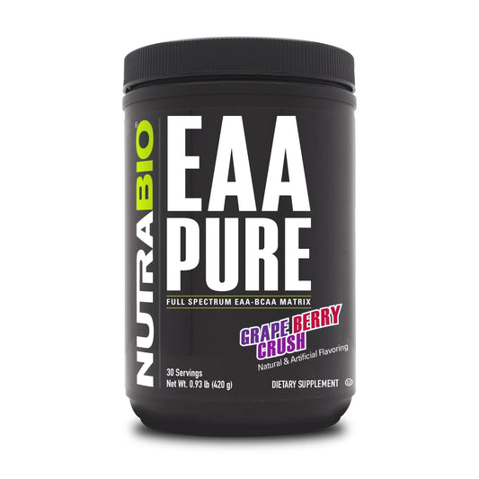 NutraBio EAA Pure bottle front angle for post-workout recovery.