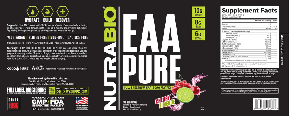 NutraBio EAA Pure powder scoop showing serving size for on-the-go fueling