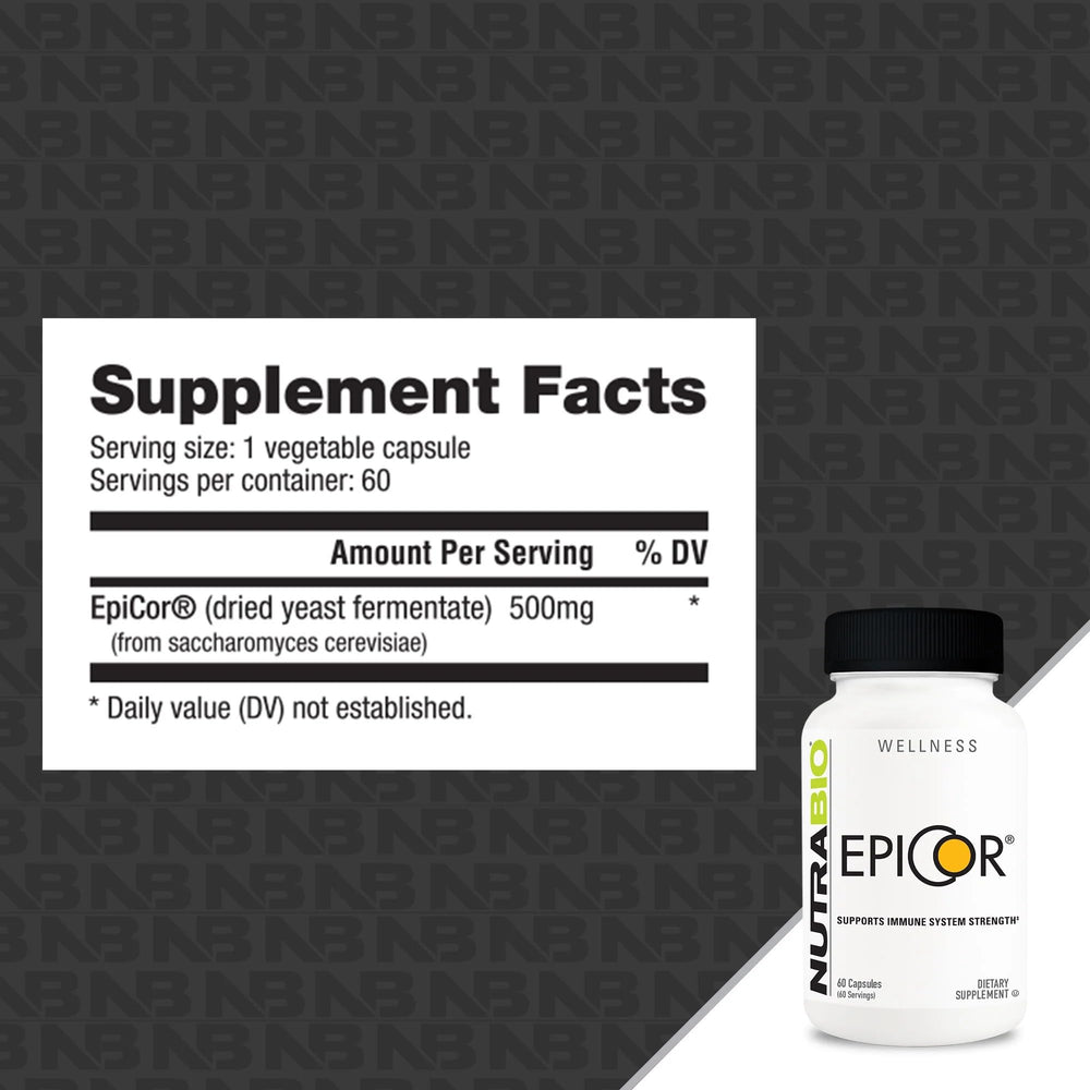 NutraBio Epicor capsules close-up; convenient daily prebiotic and antioxidant support.