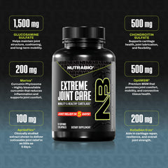 NutraBio Extreme Joint Care capsules close-up shows the 11-in-1 formula.