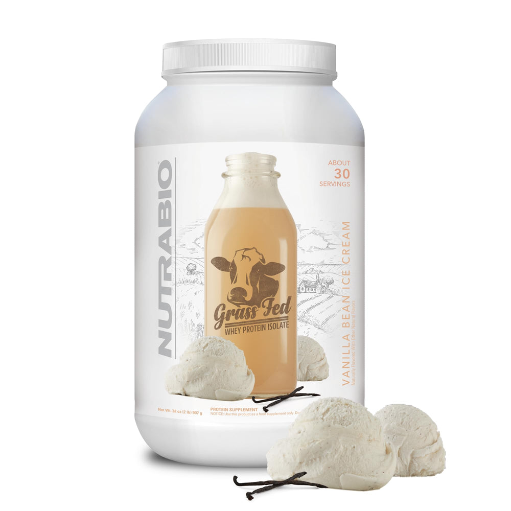 NutraBio Grass Fed Whey Isolate Vanilla Bean bottle with high-protein formula.