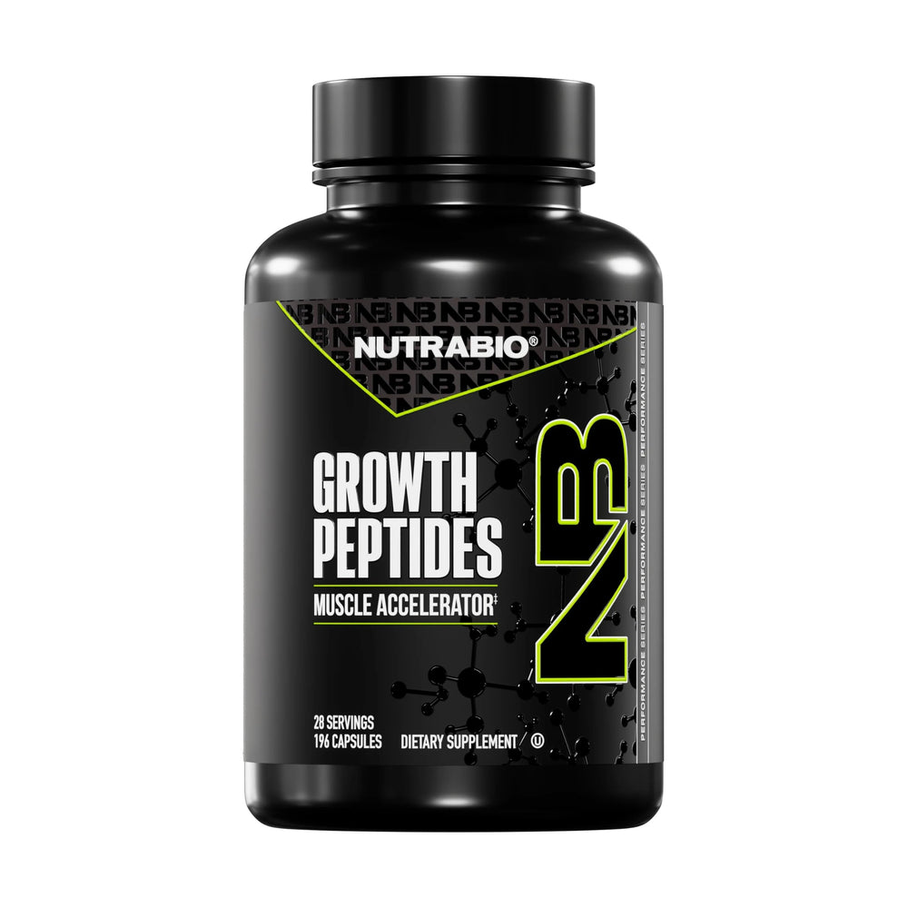 NutraBio Growth Peptides bottle front view showing a clean label for lean muscle support.