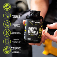 NutraBio Growth Peptides bottle on a workout mat suggesting pre or post workout use.