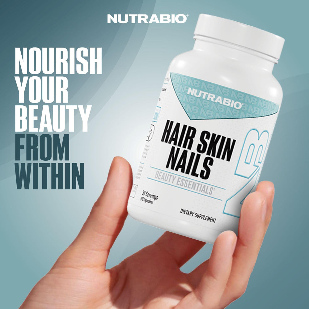 NutraBio Hair Skin Nails nails close-up suggesting stronger nail health.
