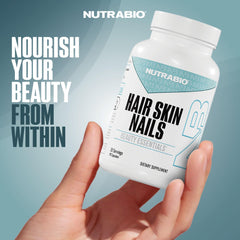 NutraBio Hair Skin Nails nails close-up suggesting stronger nail health.