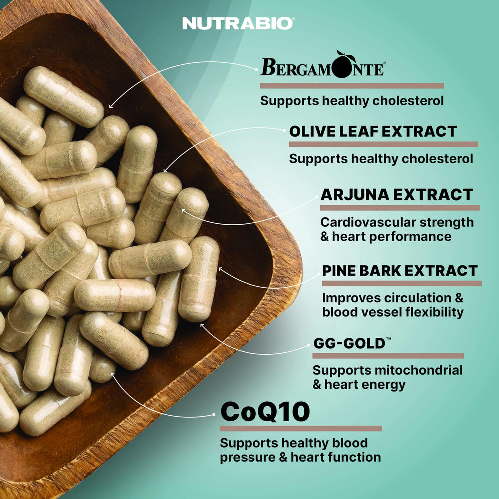 NutraBio Heart Bergamonte ingredient highlight suggesting blood pressure and cholesterol balance.