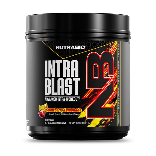 NutraBio Intra Blast BCAA powder tub for intra-workout amino support.