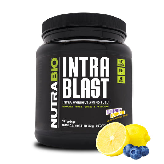 NutraBio Intra Blast Blueberry Lemonade powder for refreshing intra-workout hydration.