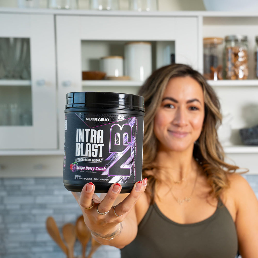 NutraBio Intra Blast bottle with label highlighting purity and electrolytes