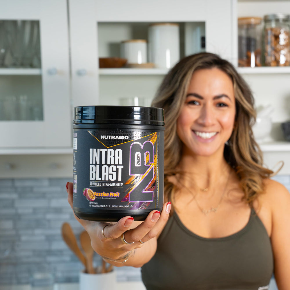 NutraBio Intra Blast hydration glass emphasizing electrolytes for endurance.