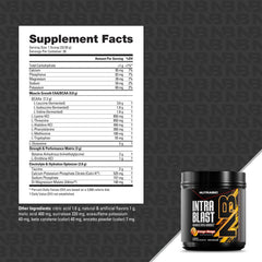 NutraBio Intra Blast Orange Mango top-view tub and scoop ready for serving.