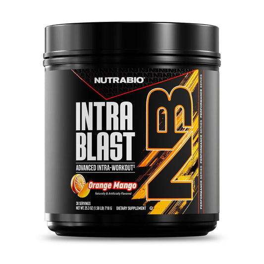 NutraBio Intra Blast Orange Mango tub front showing label, ideal for intra-workout hydration.