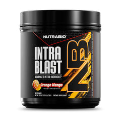 NutraBio Intra Blast Orange Mango tub front showing label, ideal for intra-workout hydration.