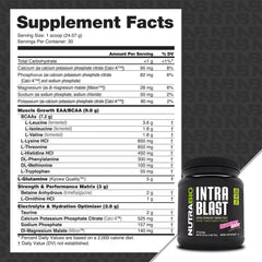 NutraBio Intra Blast powder scoop showing 20g amino acids for performance