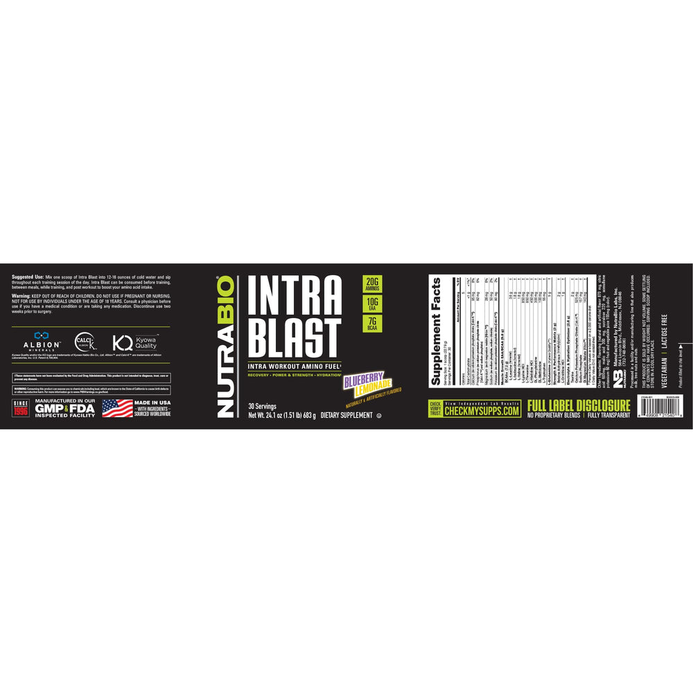 NutraBio Intra Blast serving scoop and glass pour demonstrating easy daily hydration.