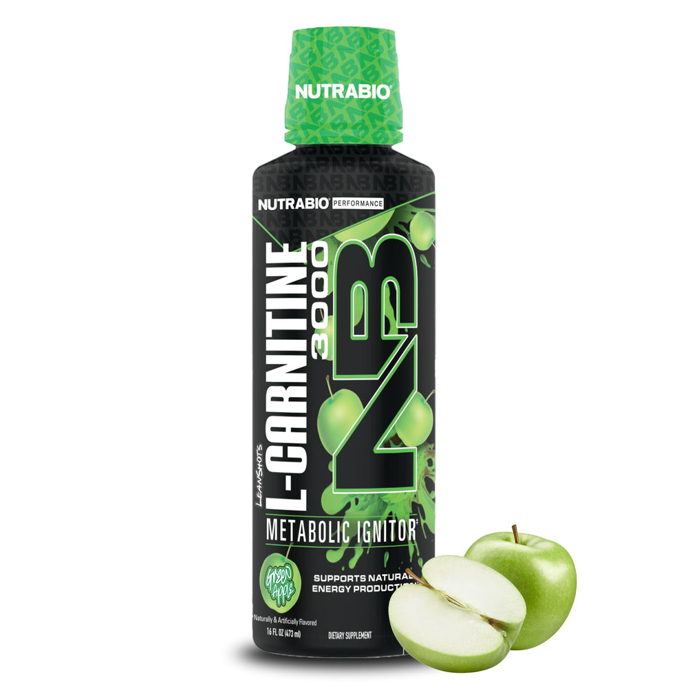 NutraBio L-Carnitine Liquid Shots Green Apple bottle front showing high potency and zero carbs.