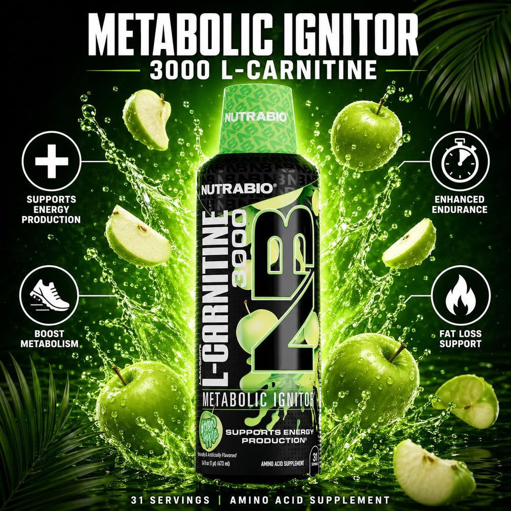NutraBio L-Carnitine 3000mg close-up highlights potency per serving.