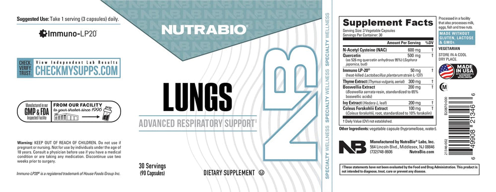 NutraBio Lungs third-party testing badge signals quality and safety.