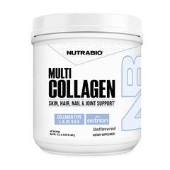 NutraBio Multi Collagen Powder front tub shows grass-fed formula for beauty and mobility.
