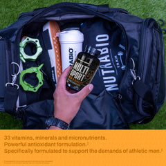 NutraBio Multisport in kitchen scene emphasizes convenient daily nutrition.
