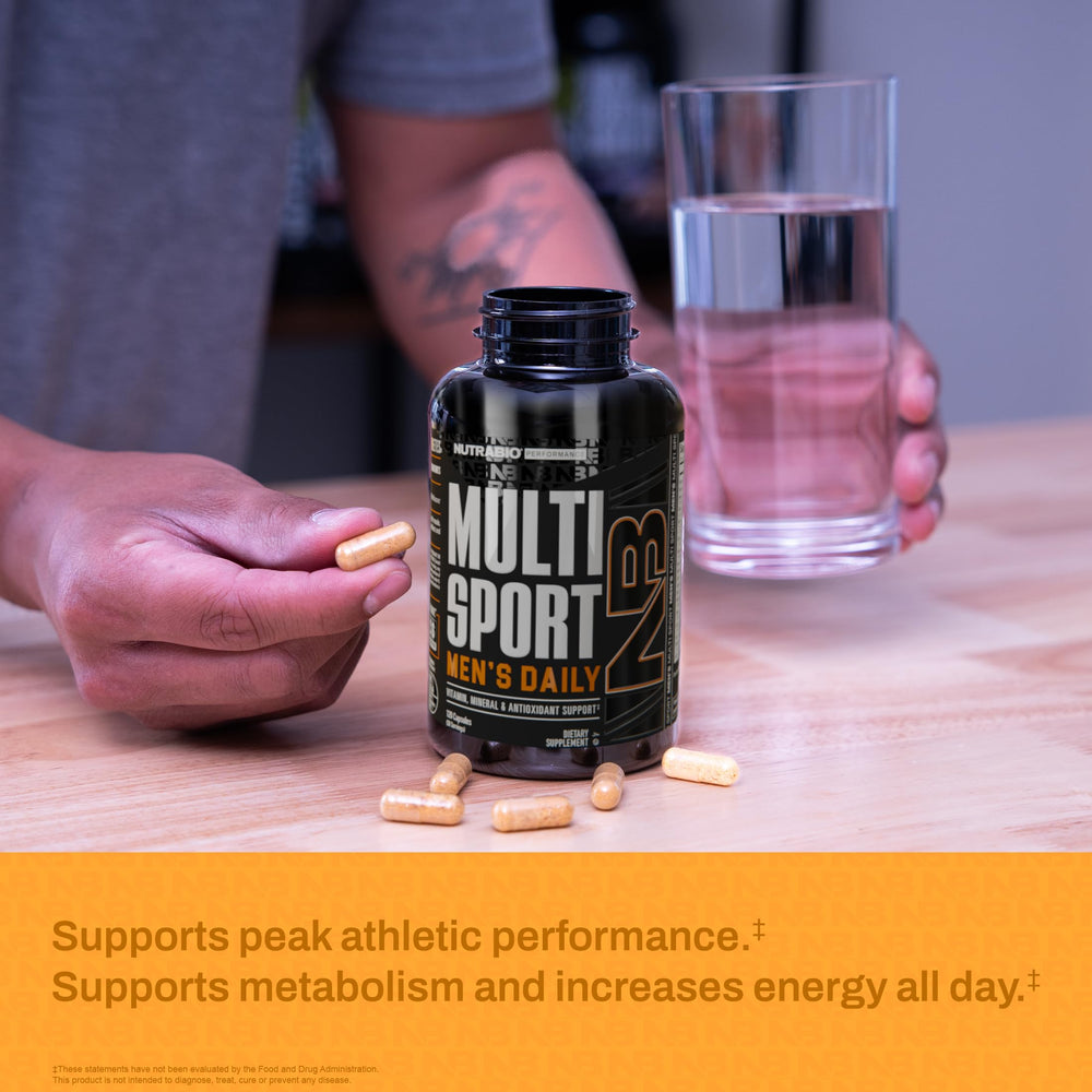 NutraBio Multisport morning routine setup with pills and water.