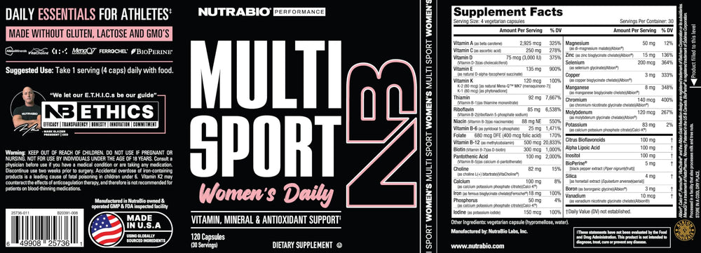 NutraBio Multisport for Women bottle with ingredients label shows Albion minerals.