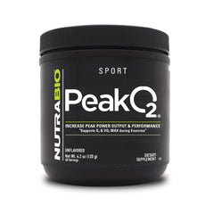 NutraBio Peak O2 bottle on shelf suggests athletic support and easy dosing.