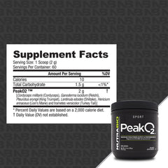NutraBio Peak O2 scoop beside powder communicates quick mixing for workouts.
