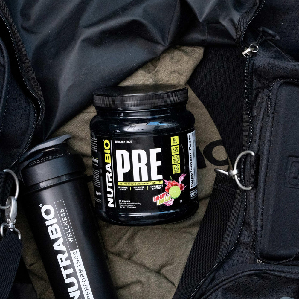 NutraBio PRE Workout old formula serving ready for gym routine