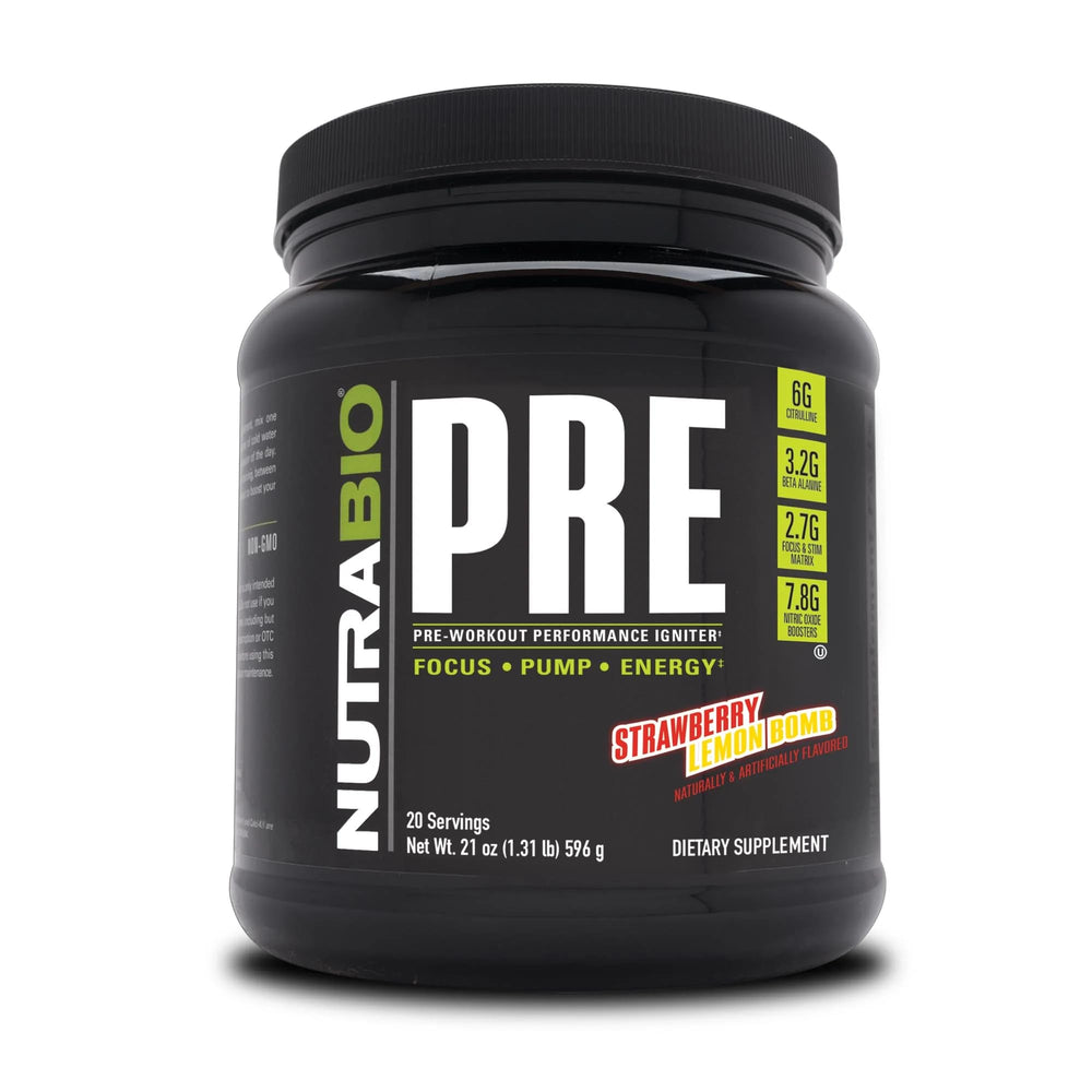 NutraBio PRE Workout Old Formula package in Strawberry Lemon Bomb flavor for pre-training energy