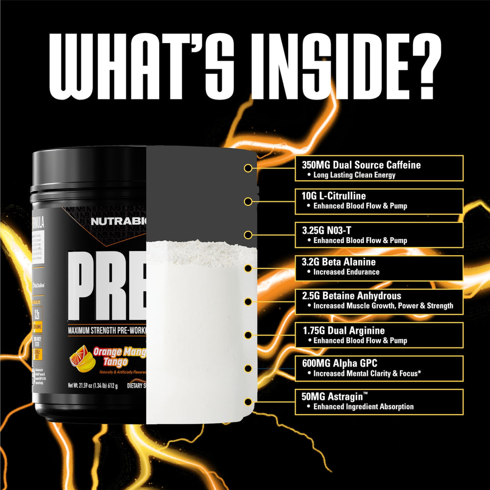 NutraBio Preworkout Orange Mango bottle closeup—premium packaging and flavor appeal