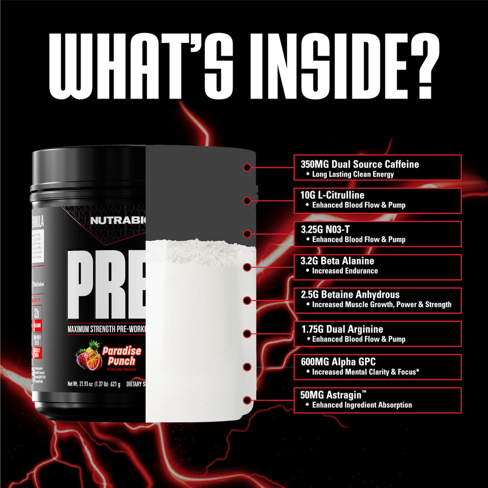 NutraBio Paradise Punch bottle highlighting sugar-free formula and clean ingredients.