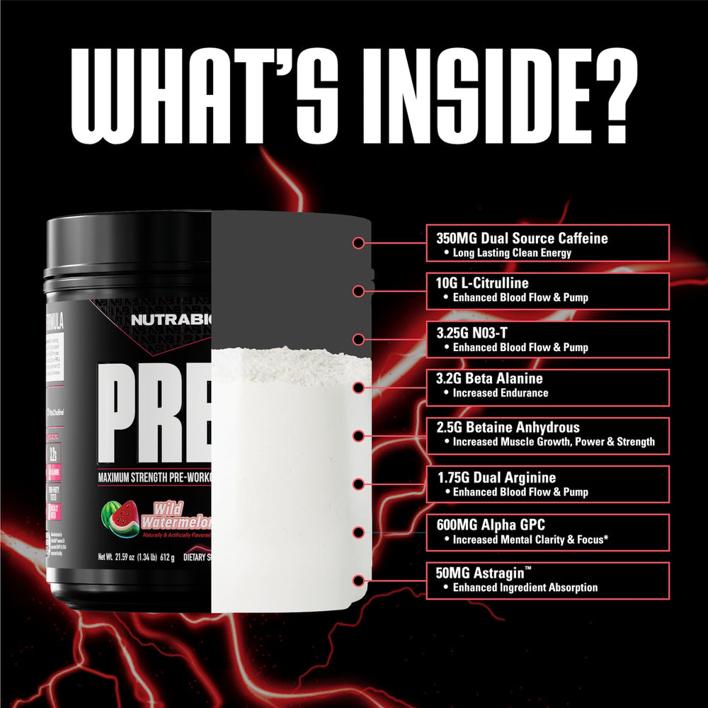 NutraBio Preworkout Watermelon powder scoop shows precise dosing for consistent energy.