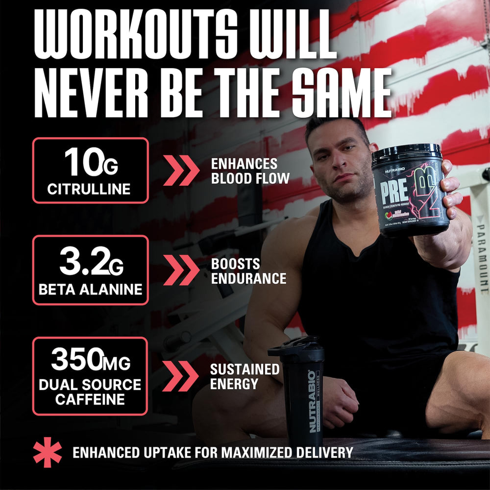 NutraBio Preworkout Watermelon prep glass demonstrates quick mixing for flavor and focus.