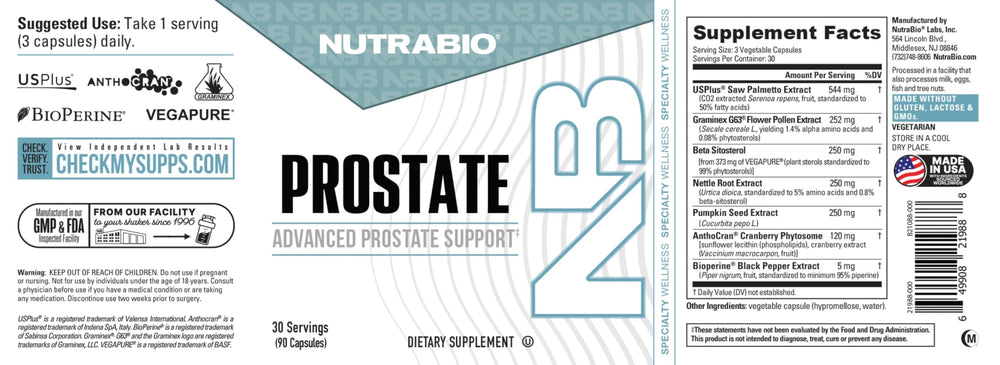 NutraBio Prostate packaging display with label details.