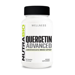 NutraBio Quercetin Advanced bottle label highlights the antioxidant blend for daily support.