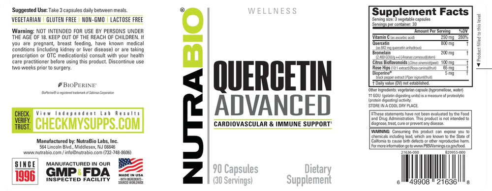 NutraBio Quercetin Advanced packaging front shows 90 capsules for daily use.