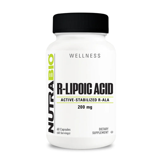 NutraBio R-Lipoic Acid bottle with 60 capsules for daily antioxidant support.