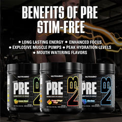 NutraBio STIM-Free PRE orange mango flavor splash emphasizes user-friendly taste.