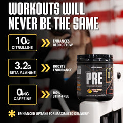 NutraBio STIM-Free PRE label closeup highlighting transparent formula and no proprietary blends.