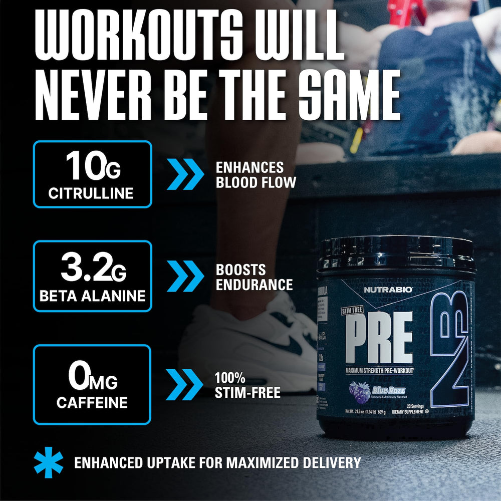 NutraBio Stim-Free Pre-Workout Blue Raz blood flow support with nitrates for stronger workouts.