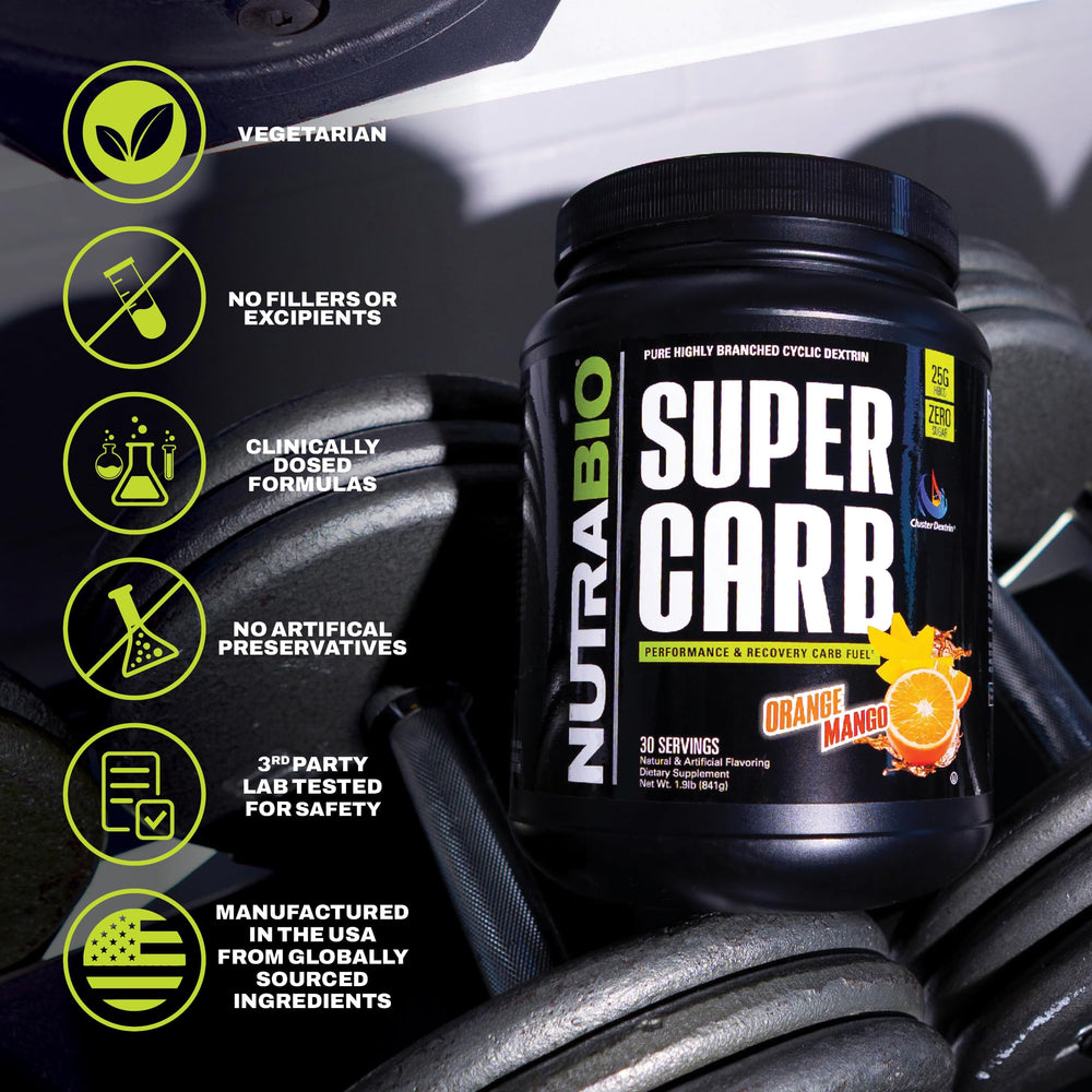 NutraBio Super Carb intra-workout use scene showing easy mixing.