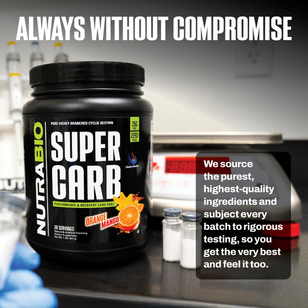 NutraBio Super Carb orange mango powder with scoop for quick mixing mid-workout.