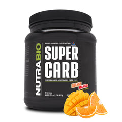 NutraBio Super Carb orange mango tub, flavor-rich powder for steady energy during workouts.