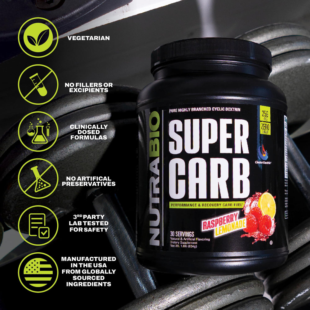 NutraBio Super Carb powder dissolving in water for quick, smooth mix