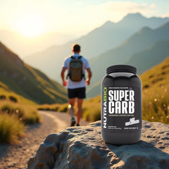 NutraBio Super Carb scoop measures powder for precise fueling before sessions.