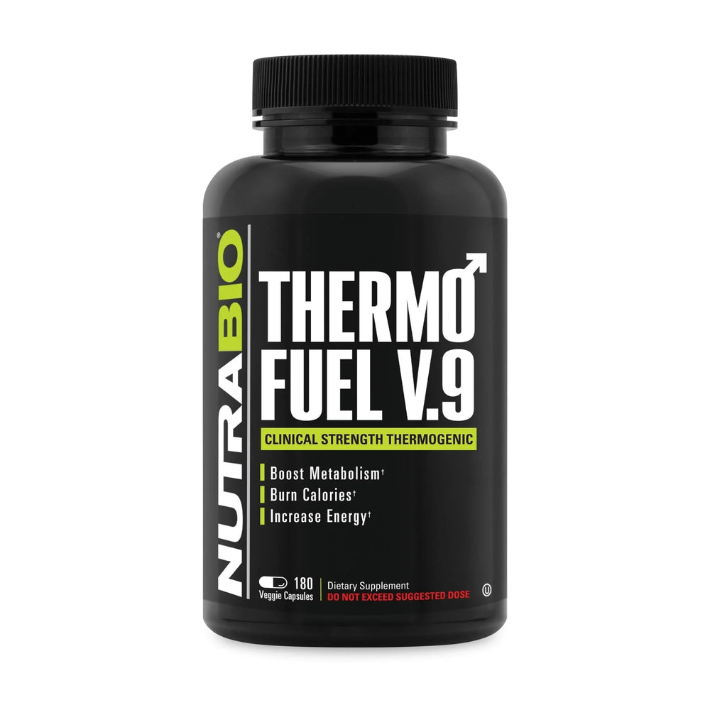 NutraBio ThermoFuel bottle front view highlighted for easy daily use and energy support.